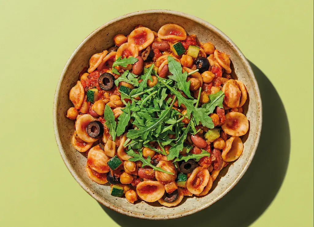 Orecchiette with summer vegetables and arugula