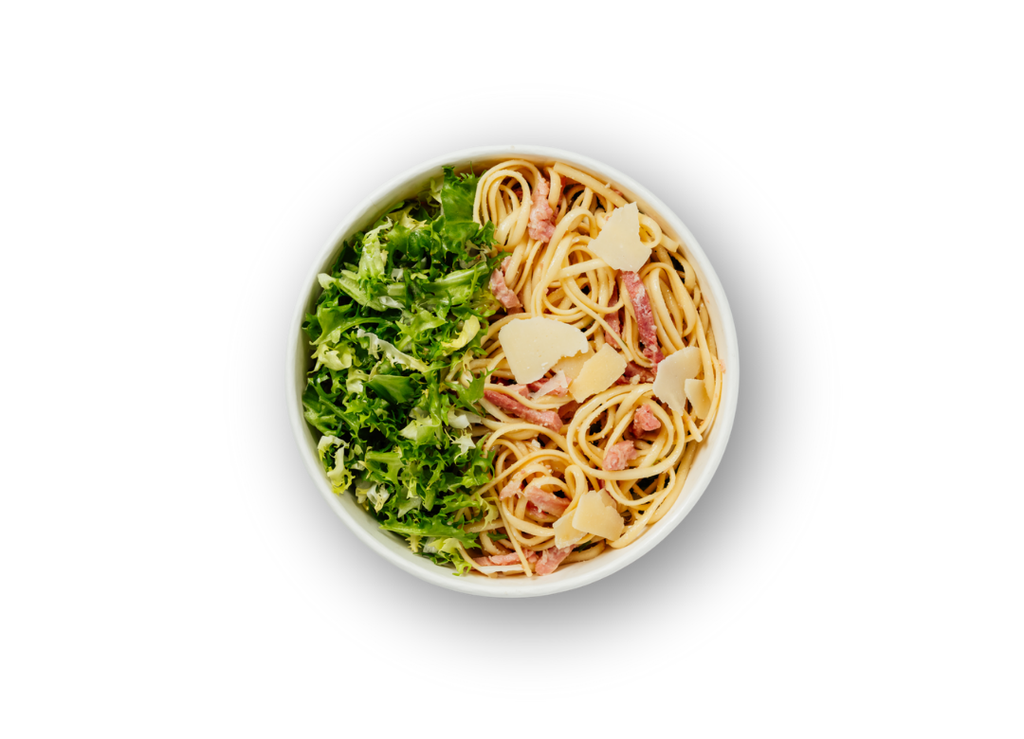 Linguini, salad, ham